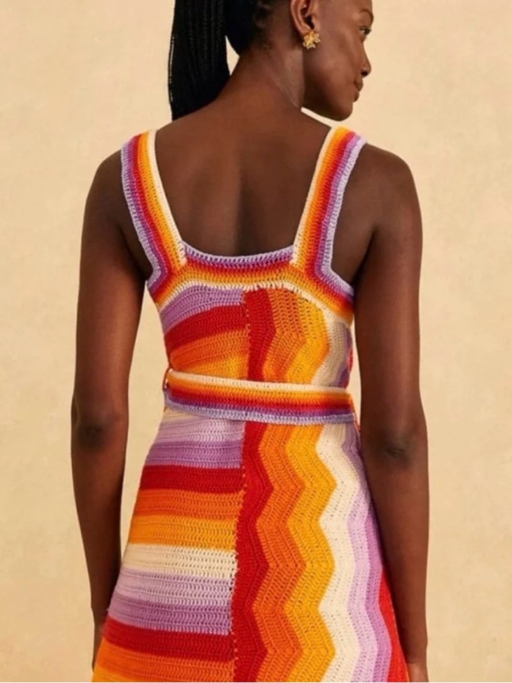 FARM Rio Crochet Wrap Mini Dress in Orange, Pink & Red Stripes - Picture 2 of 5
